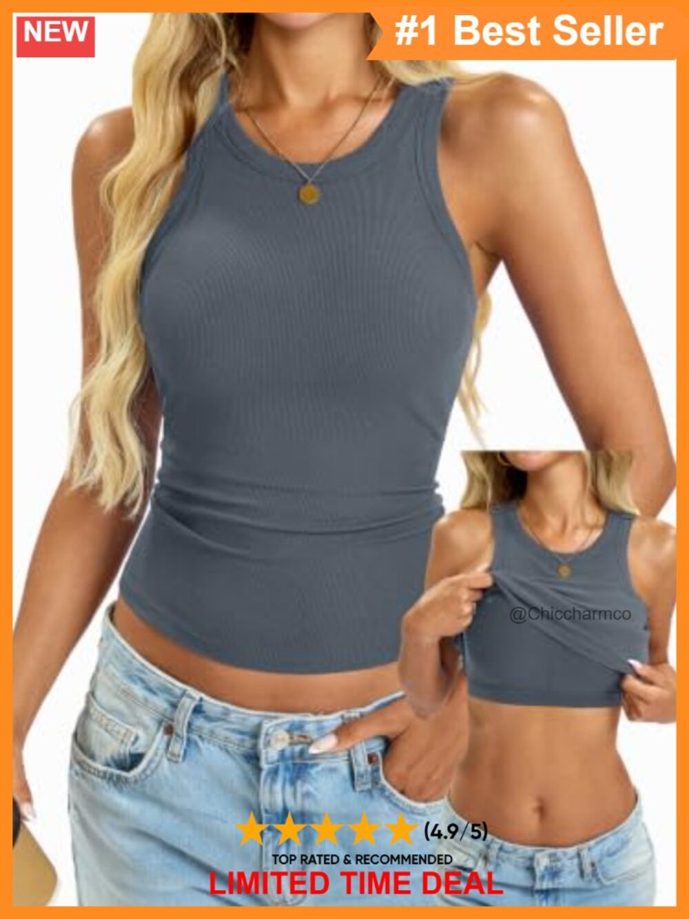 Womens Ribbed Tank Top Built in Shelf Bra Padded Sleeveless Slim Fit Crew Neck